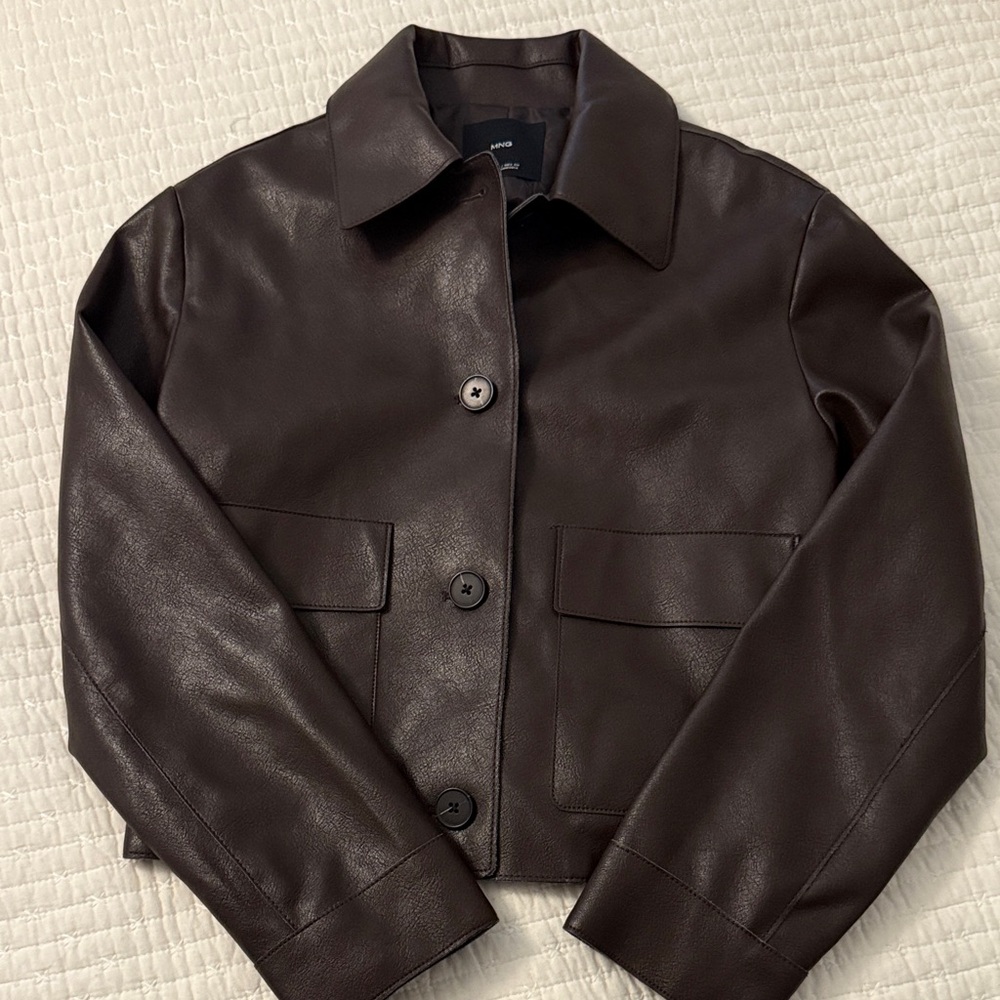 Mango Dark Brown Faux Leather Button-Front Jacket